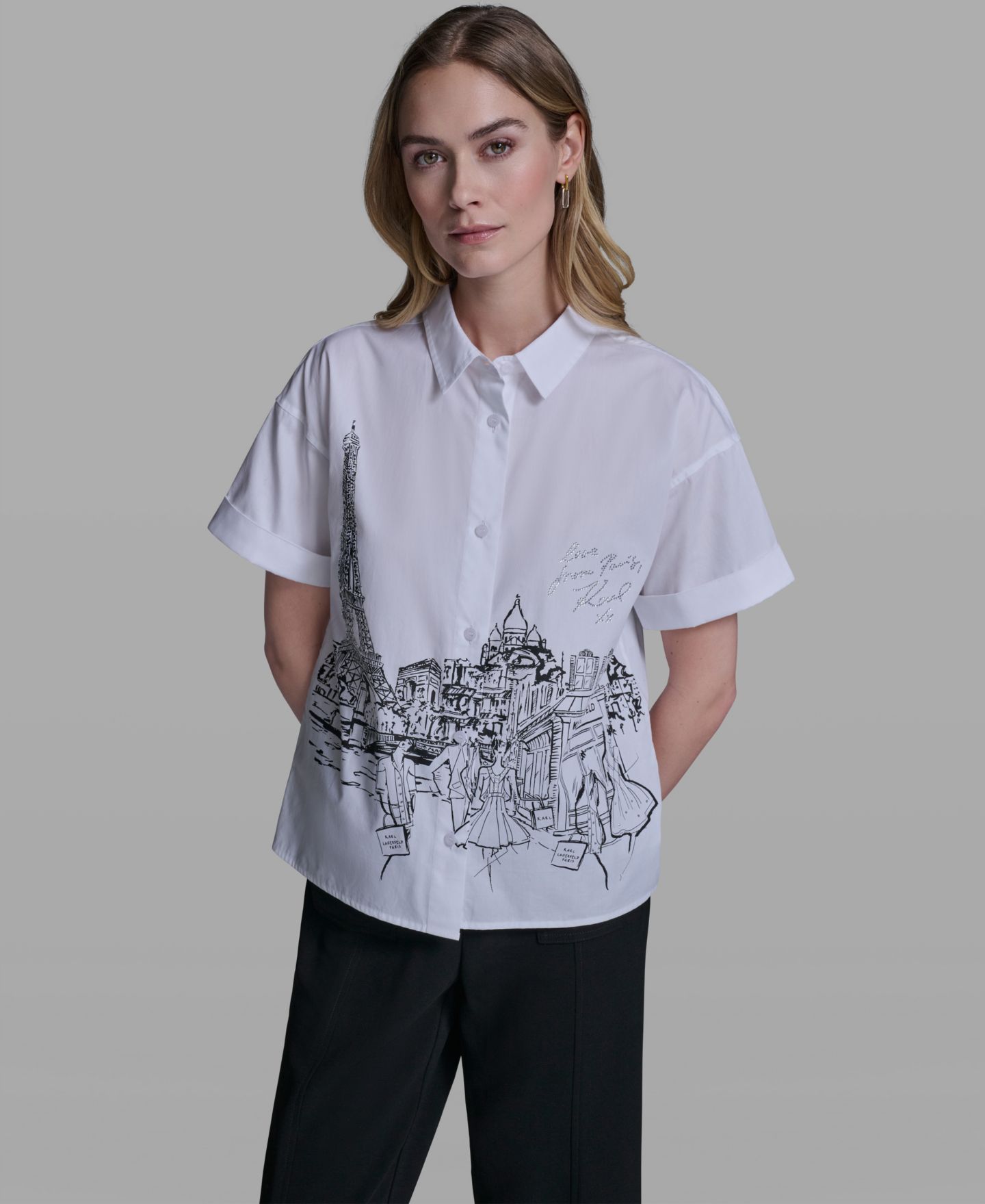 Женская рубашка KARL LAGERFELD PARIS Collared Paris Scene Short-Sleeve Poplin, цвет: Белый — фото 1