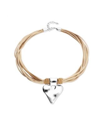 Mixed Beige Silk And Leather Thread Necklace with Sterling Silver Heart Detail