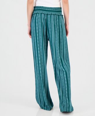 Juniors' Smocked-Waist Printed Wide-Leg Pants
