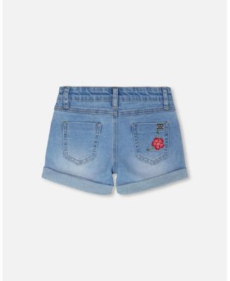 Big Girls Light Blue Denim Shorts with Embroidery