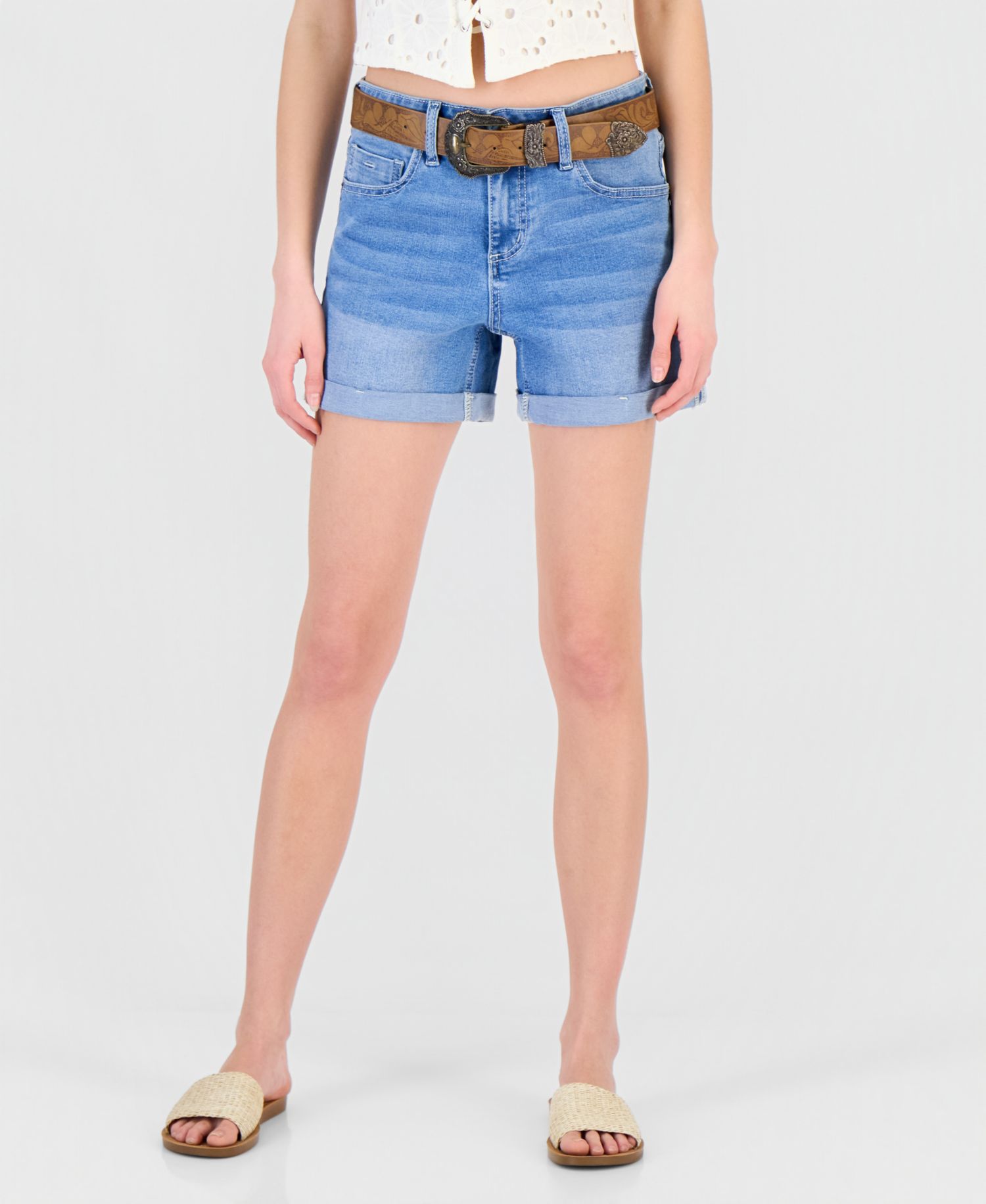 Juniors' Belted Cuffed Denim Shorts
