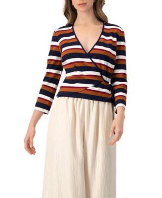 Women's V-Neck Wrap Blouse with Color Block Stripes