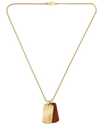 Men Devon Ionic Plated Thin Gold Steel Brown Leather Necklace