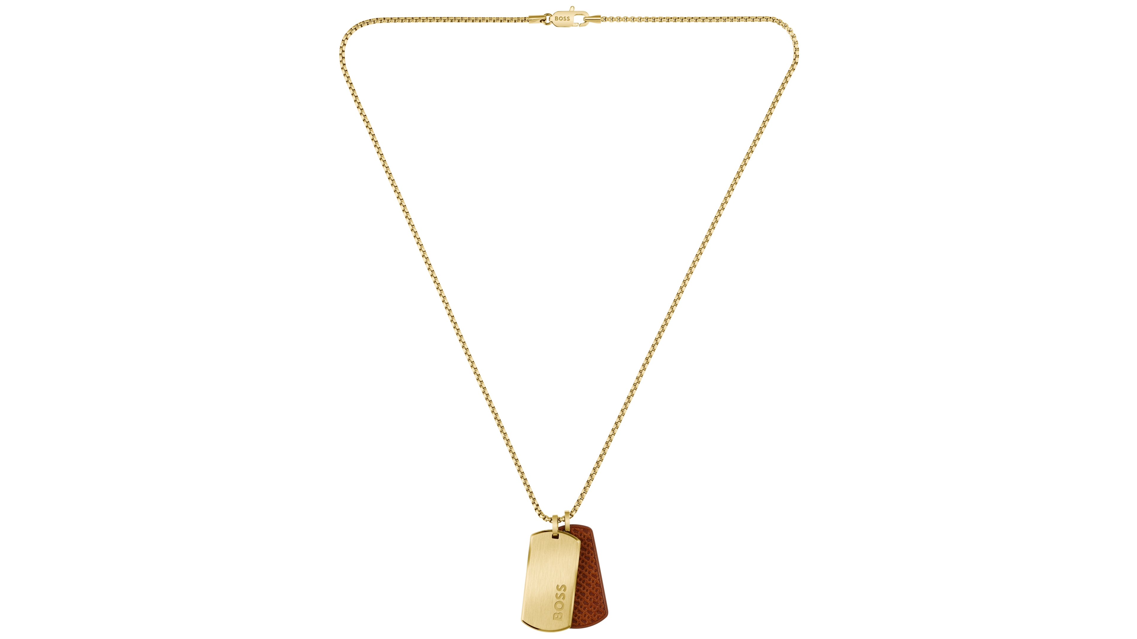 Hugo Boss Men Devon Ionic Plated Thin Gold Steel Brown Leather Necklace