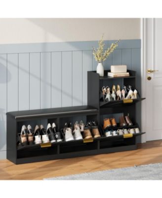 Farmhouse Entryway Shoe Cabinet with Bench & 4 Flip Drawers, Comfort Cushioned Shoe Storage