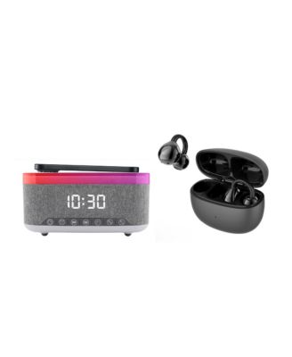 Complete Wireless Audio & Charging Bundle – Alarm Clock Radio Speaker with Wireless Charger + Earbuds