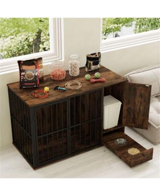 Space-Saving Dog Crate End Table, 2-in-1 Furniture with Hidden Pull-Out Food Bowls & Durable Chew-Proof Frame