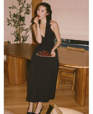 Women's Delaney Black Lapel Halter Midi A-Line Dress