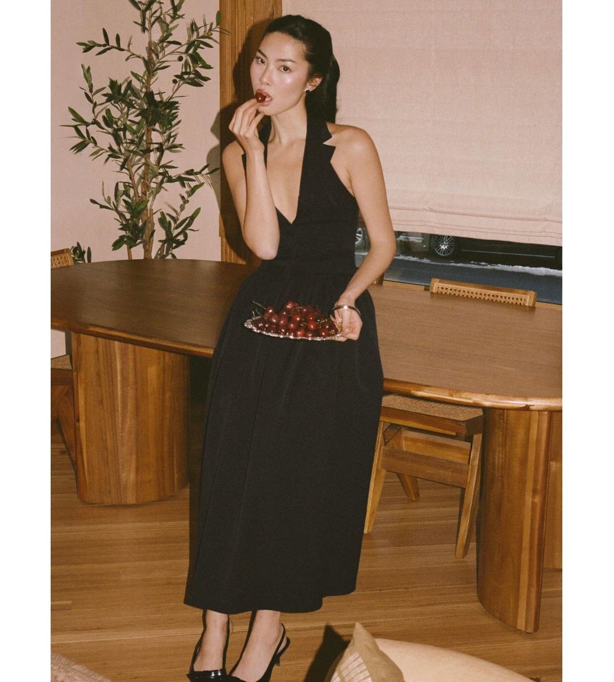 Miss Circle Women's Delaney Black Lapel Halter Midi A-Line Dress