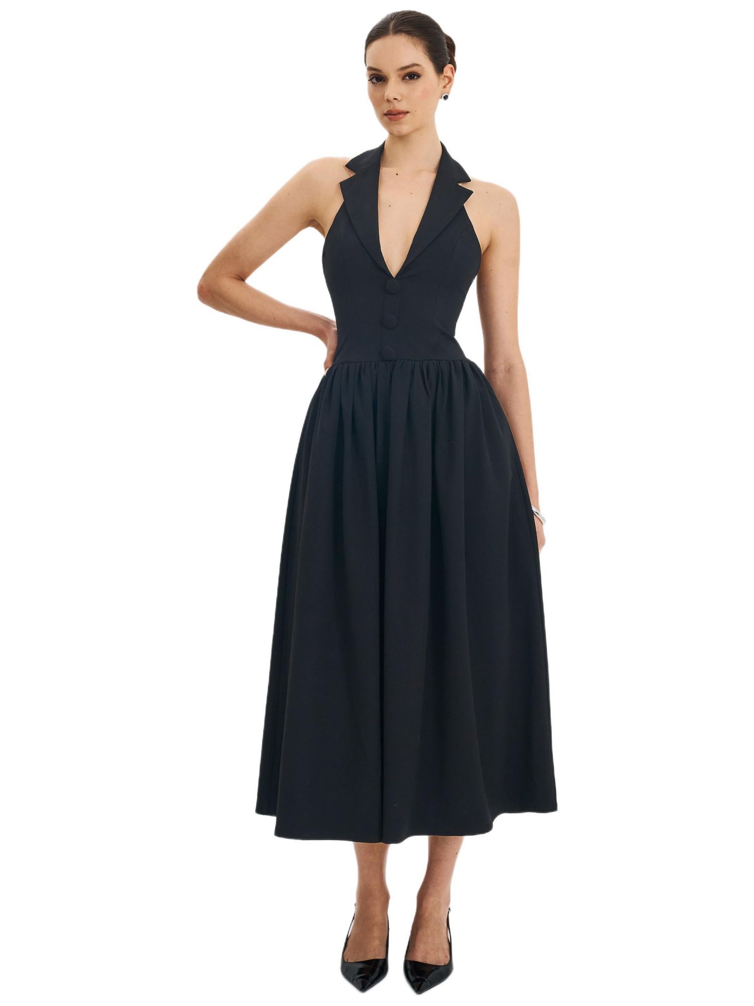 Women's Delaney Black Lapel Halter Midi A-Line Dress