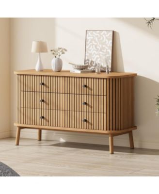 6 Drawer Dresser, Horizontal Chests of Double Drawers for Bedroom, Mid Century Dresser with Black Handles and Wooden Legs