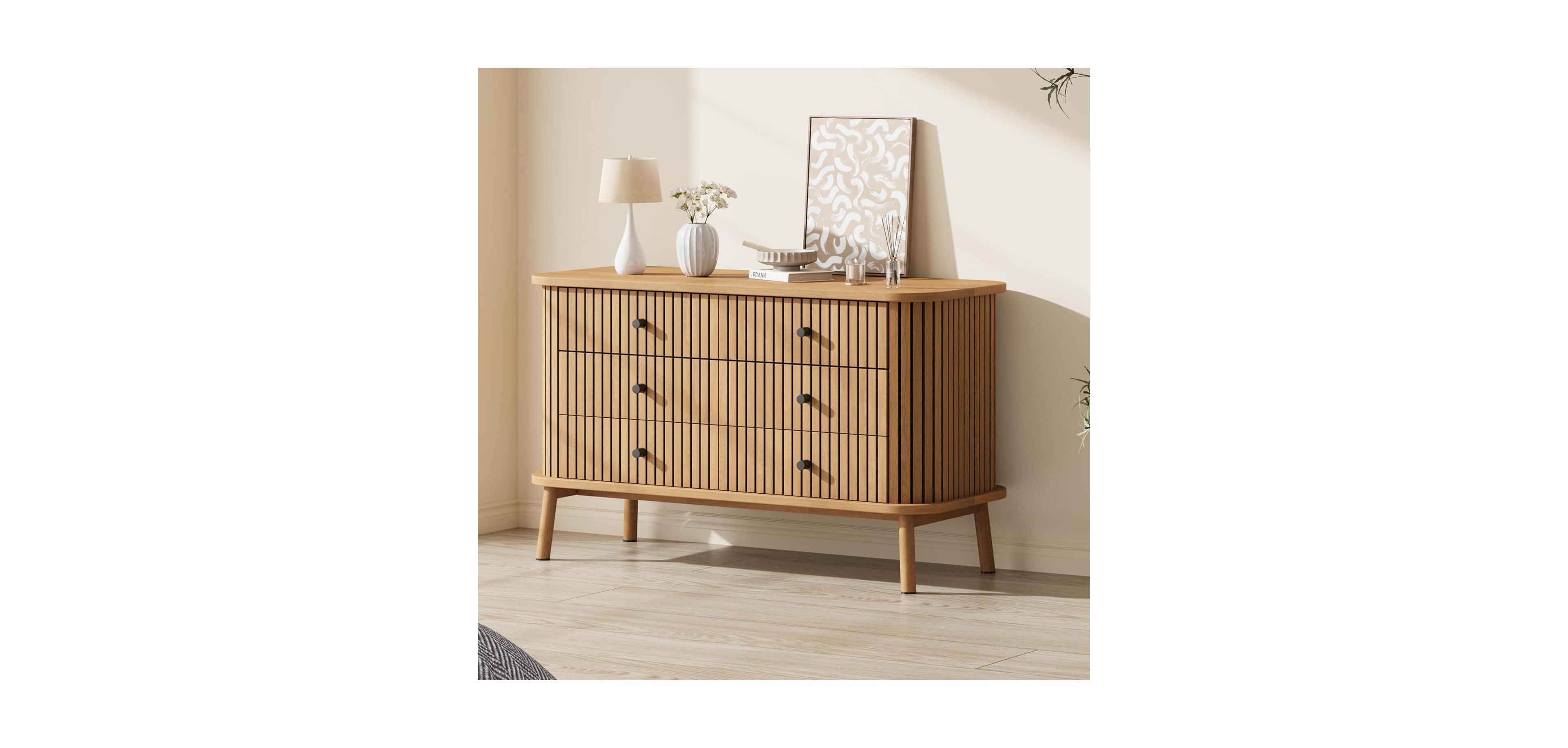 gaomon 6 Drawer Dresser, Horizontal Chests of Double Drawers for Bedroom, Mid Century Dresser with Black Handles and Wooden Legs