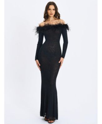 Women's Emberly Black Fur Trimmed Off-Shoulder Rhinestone Mermaid Maxi Dress