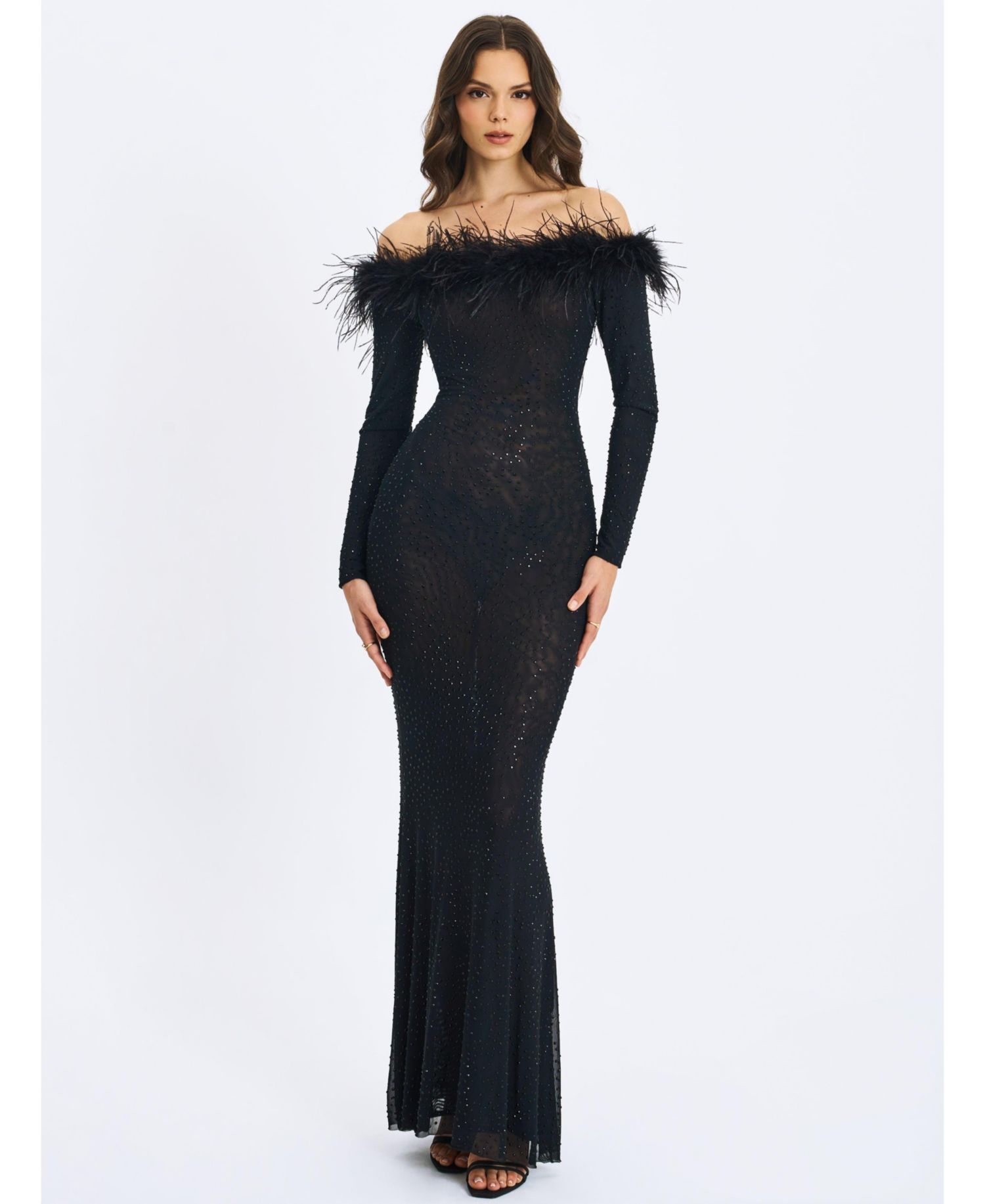 Women's Emberly Black Faux Fur Trimmed Off-Shoulder Rhinestone Mermaid Maxi Dress