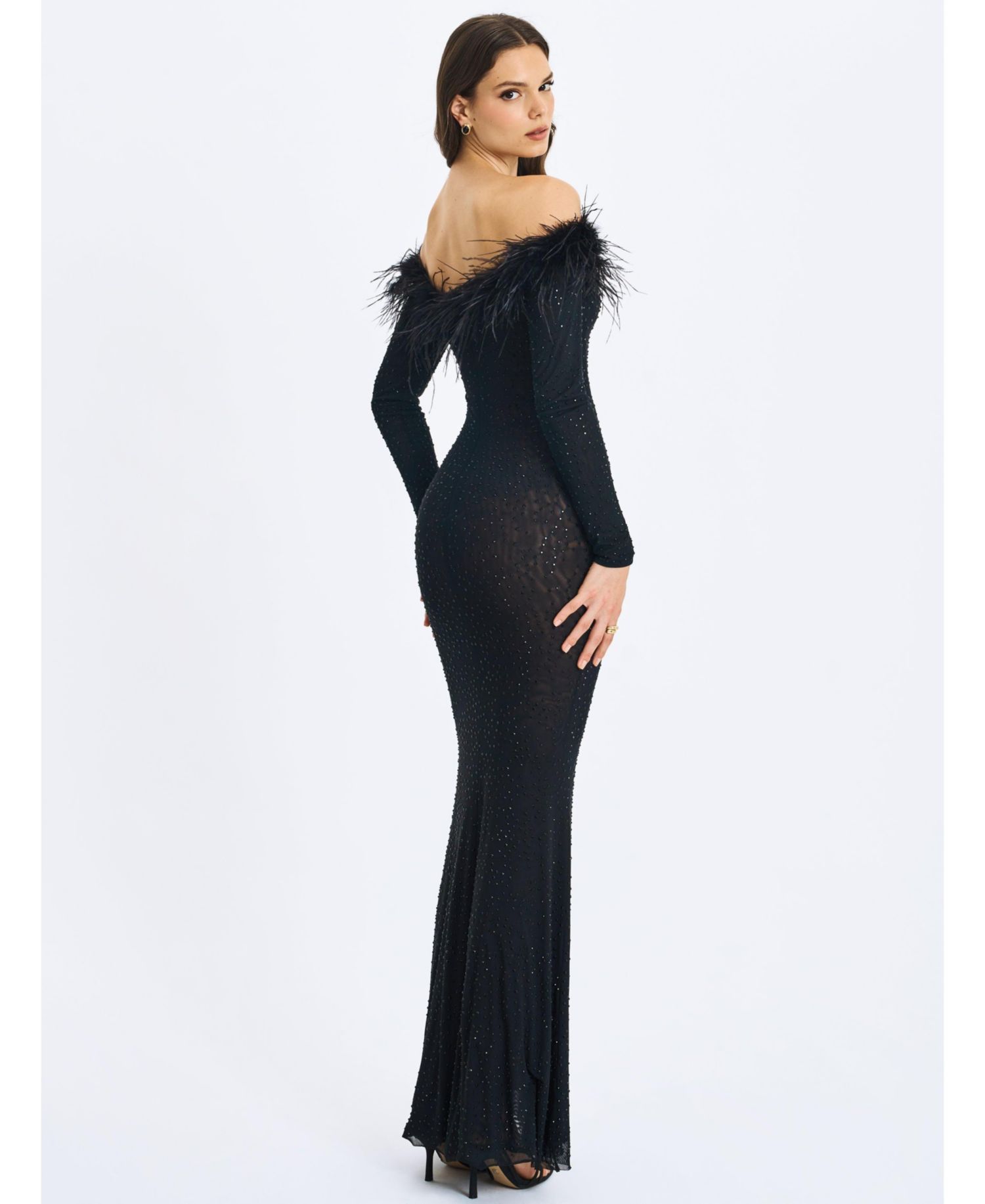 Women's Emberly Black Faux Fur Trimmed Off-Shoulder Rhinestone Mermaid Maxi Dress