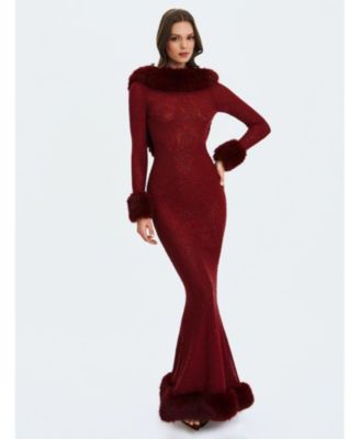 Women Mellie Burgundy Regular-Length Rhinestone Mesh Low Back Mermaid Gown