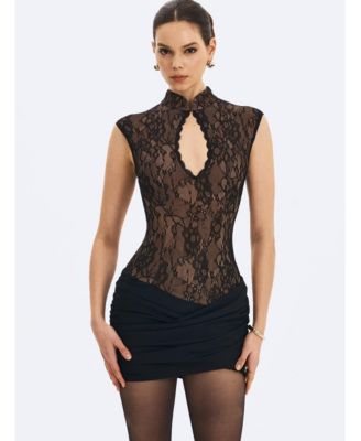 Women's Valerie Black Lace Teardrop Neckline Ruched Mini Dress
