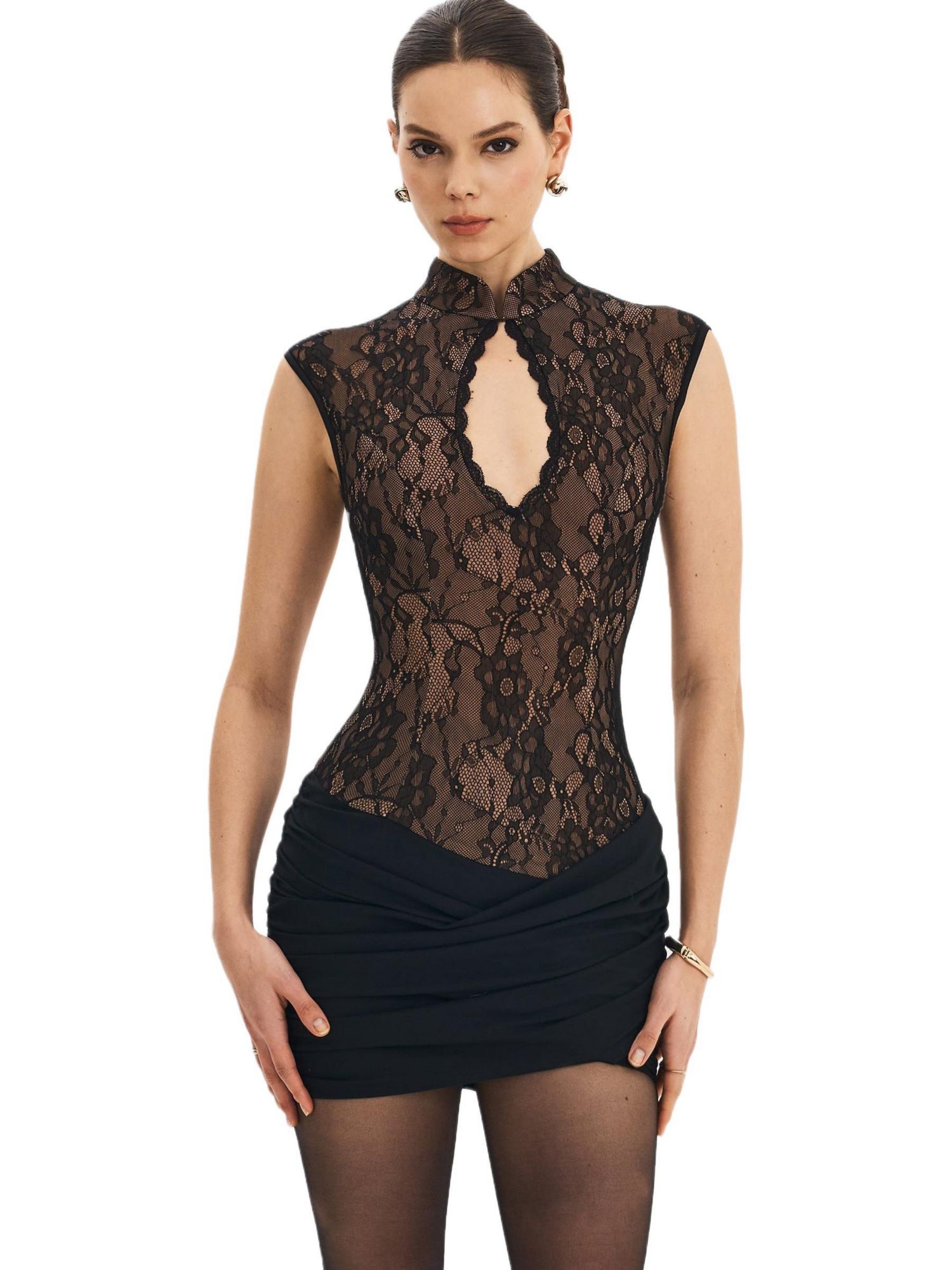 Women's Valerie Black Lace Teardrop Neckline Ruched Mini Dress