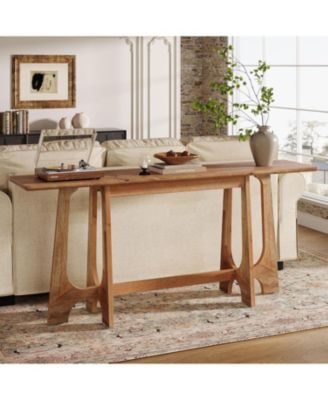 63-Inch Solid Wood Console Table, Farmhouse Long Sofa Table Behind Couch with Geometric Base for Entryway, Entrance, Living Room