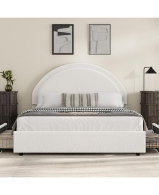 Boucle Bed Frame with 2 Storage Drawers, Soft Upholstered Platform Bed Frame with Round Headboard, Heavy Duty, Wooden Slats, Noise Free