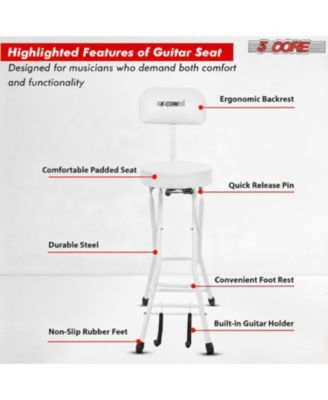 Guitar Stool 3.15" Padded Chair w Backrest Foldable Music Seat Built in Foot Rest Guitar Stand