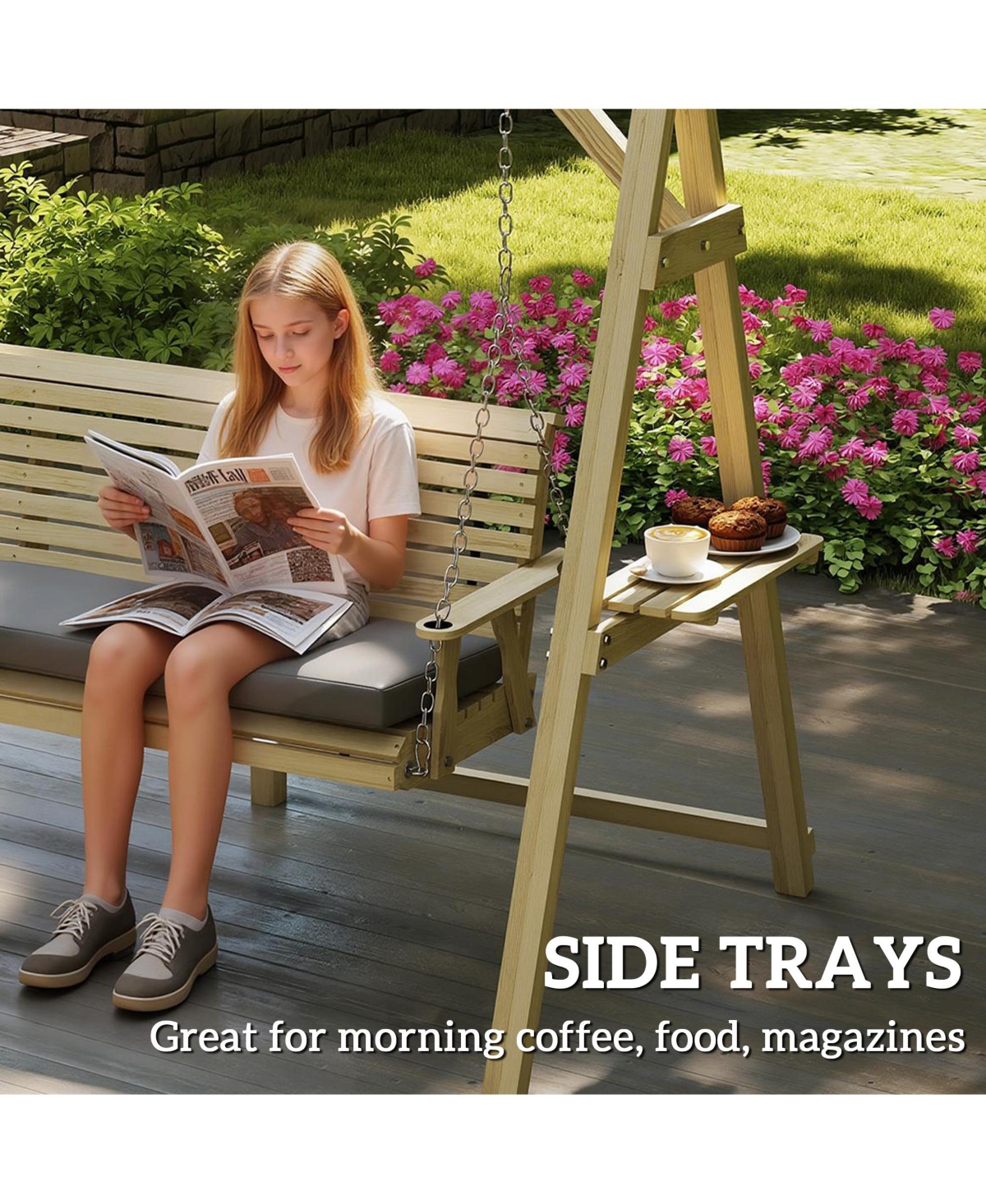 Outsunny 3 Seat Porch Swing with Cushion and Side Trays