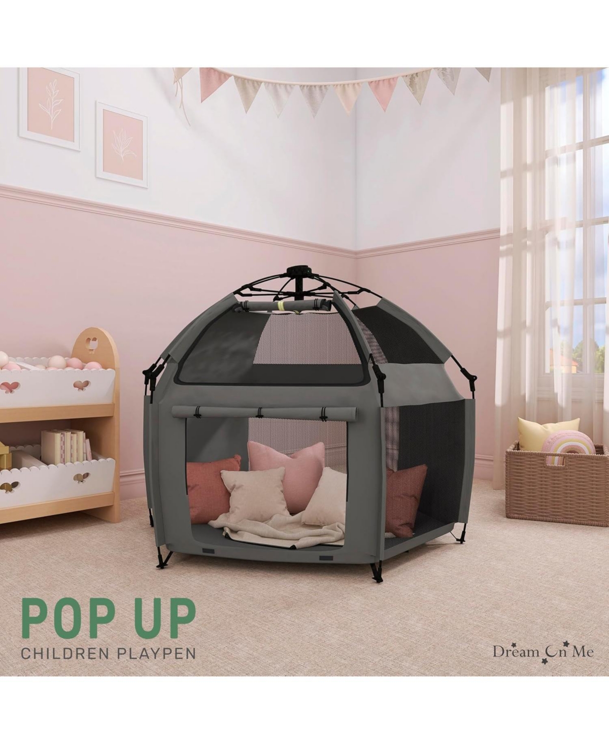 Dream On Me Baby Pop-Up Children Playpen, Instant One-Hand Open & Fold, Breathable Mesh Sides, Zipper Gate Travel Carry Bag