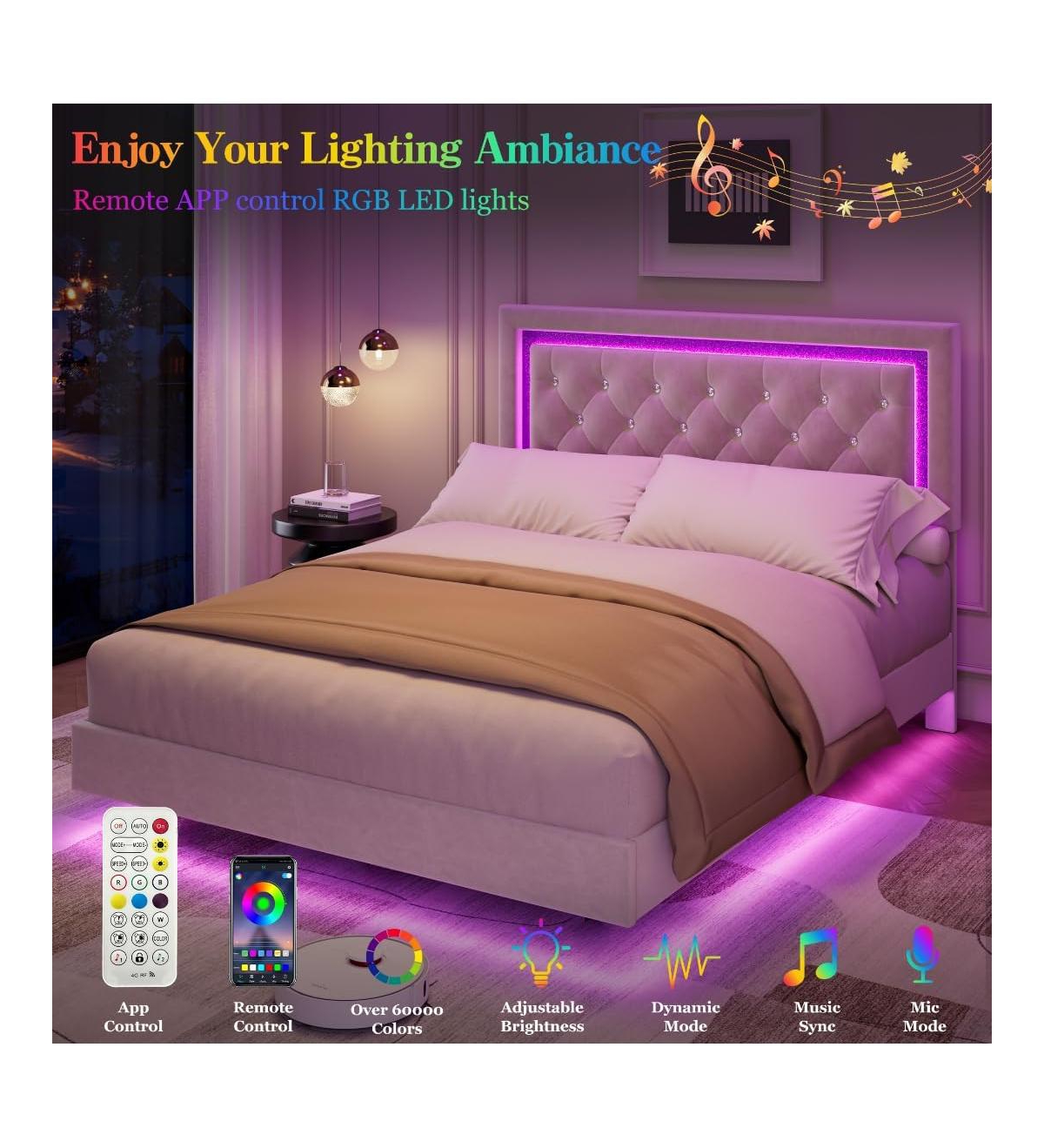 gaomon Floating Bed Frame with Smart Led Lights, Upholstered Platform Diamond Headboard, Solid Wood Slats Support