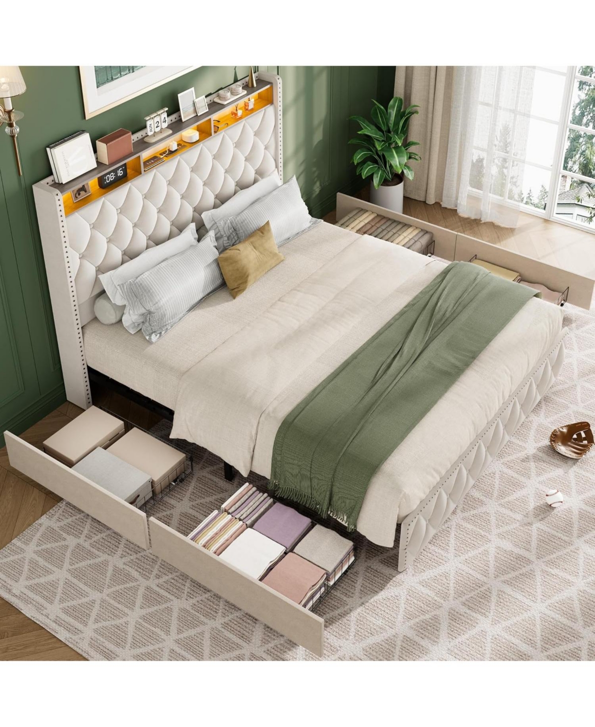Gaomon Queen Upholstered Platform Bed Frame with 4 Drawers, Nailhead Trim Headboard and Charging Station, Noise-Free, No Spring Needed