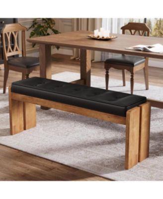 47-Inch Solid Wood Entryway Bench, Modern End of Bed Bench with Button-Tufted Leather Pad and Wooden Legs