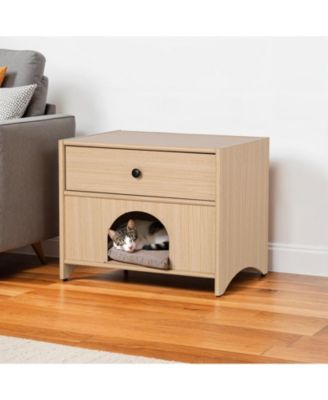 Mid-Century Modern Accent Table with Drawer, Natural Finish Pet Furniture