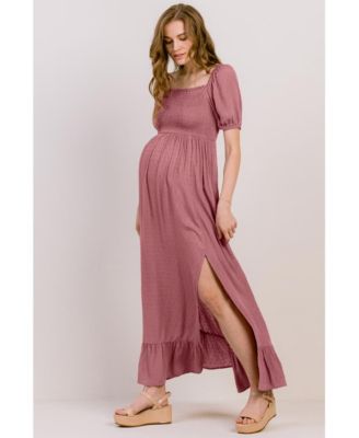 Maternity Smocked Swiss Dot Maxi Dress with Side Slit