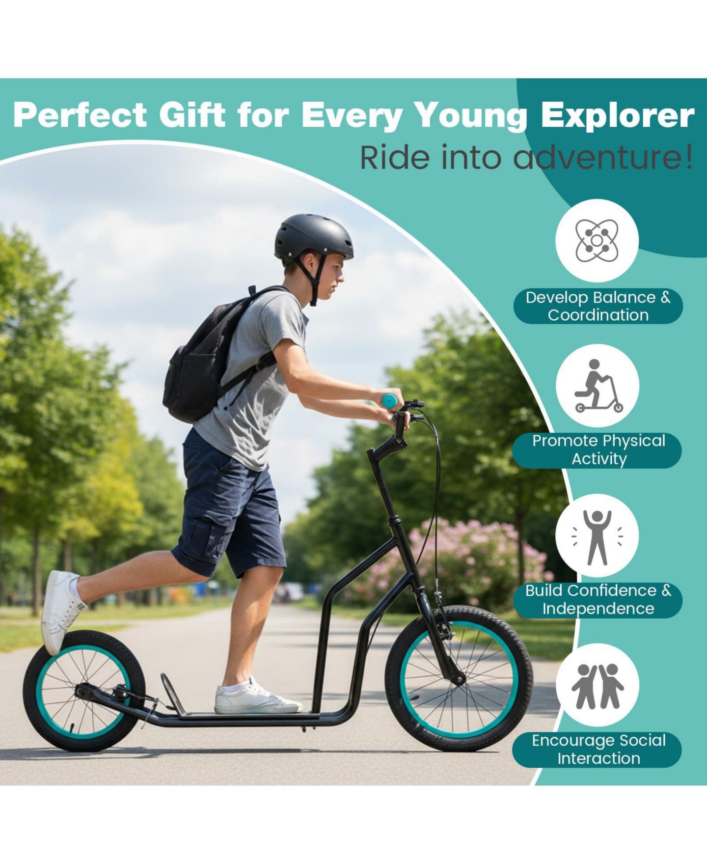 Детская игрушка Mecale Youth Scooter with Adjustable Handlebar and 16/14-Inch Inflatable Wheels, цвет: Чёрный — фото 6
