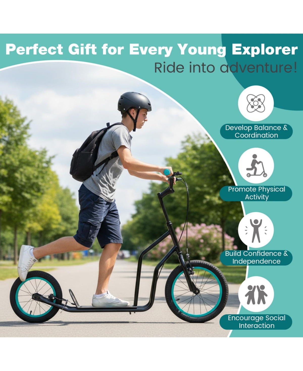 Mecale Youth Scooter with Adjustable Handlebar and 16/14-Inch Inflatable Wheels for Age 8+ Years