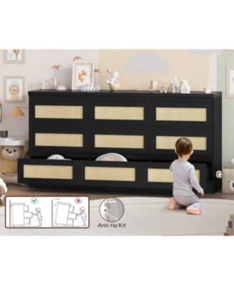 Rattan 9 Drawer Charging Station Dresser