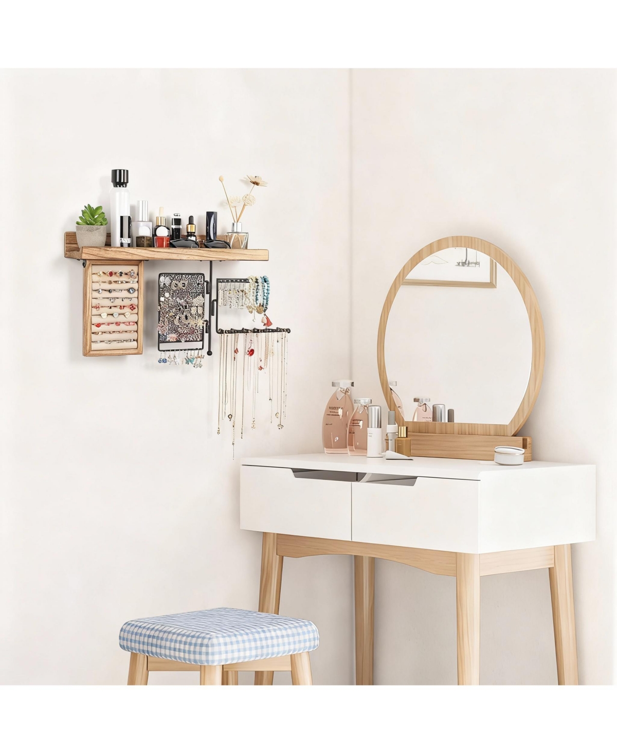 Yigii 4-in-1 Wall Hanging shelves: Wood Shelf, Ring Box, Peg Board, Rotating Necklace Rack