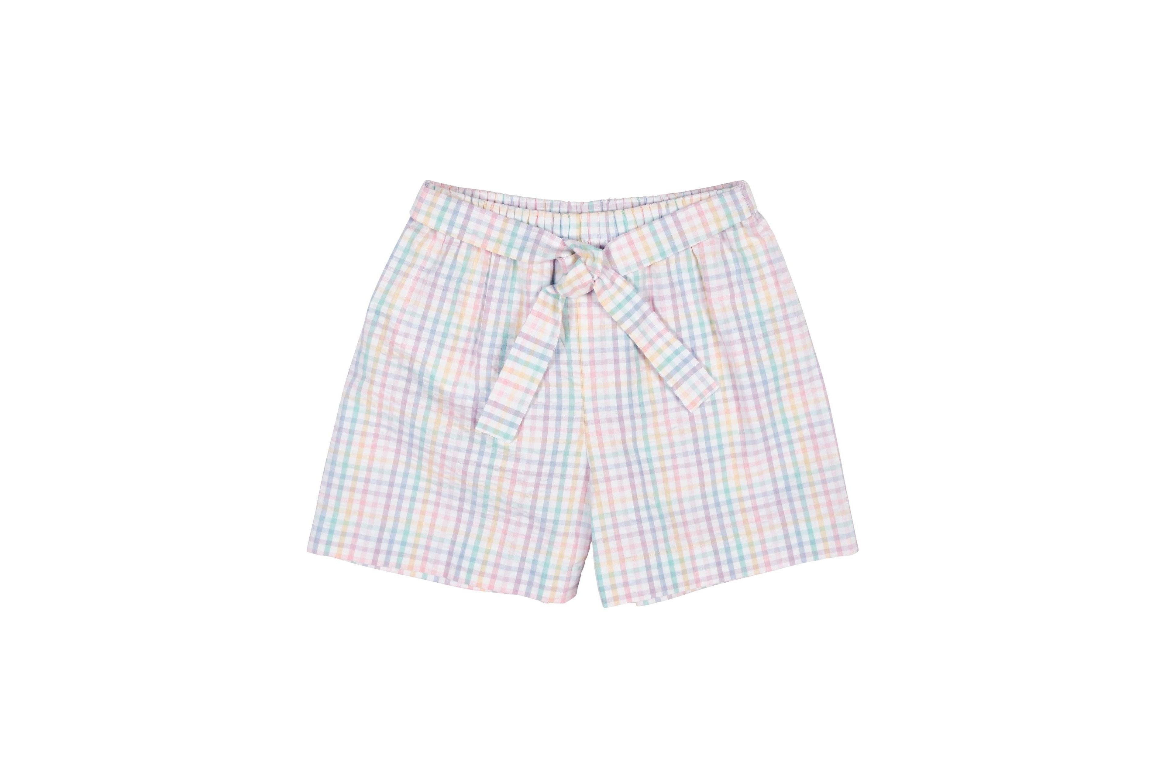 Florence Eiseman Girls Plaid Seersucker Shorts With Waist Tie
