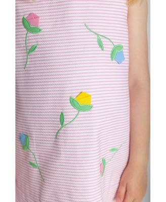 Big Girls Stripe Pique Dress With Tulips
