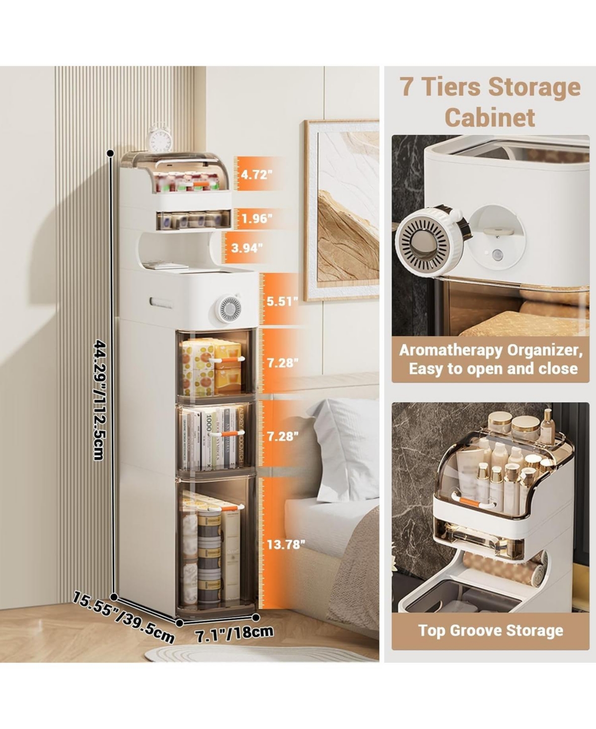 gaomon 7-Tier Waterproof Plastic Storage Cabinet,Narrow Bathroom Storage with Transparent Doors, Tissue Holder & Flip-Top Compartment