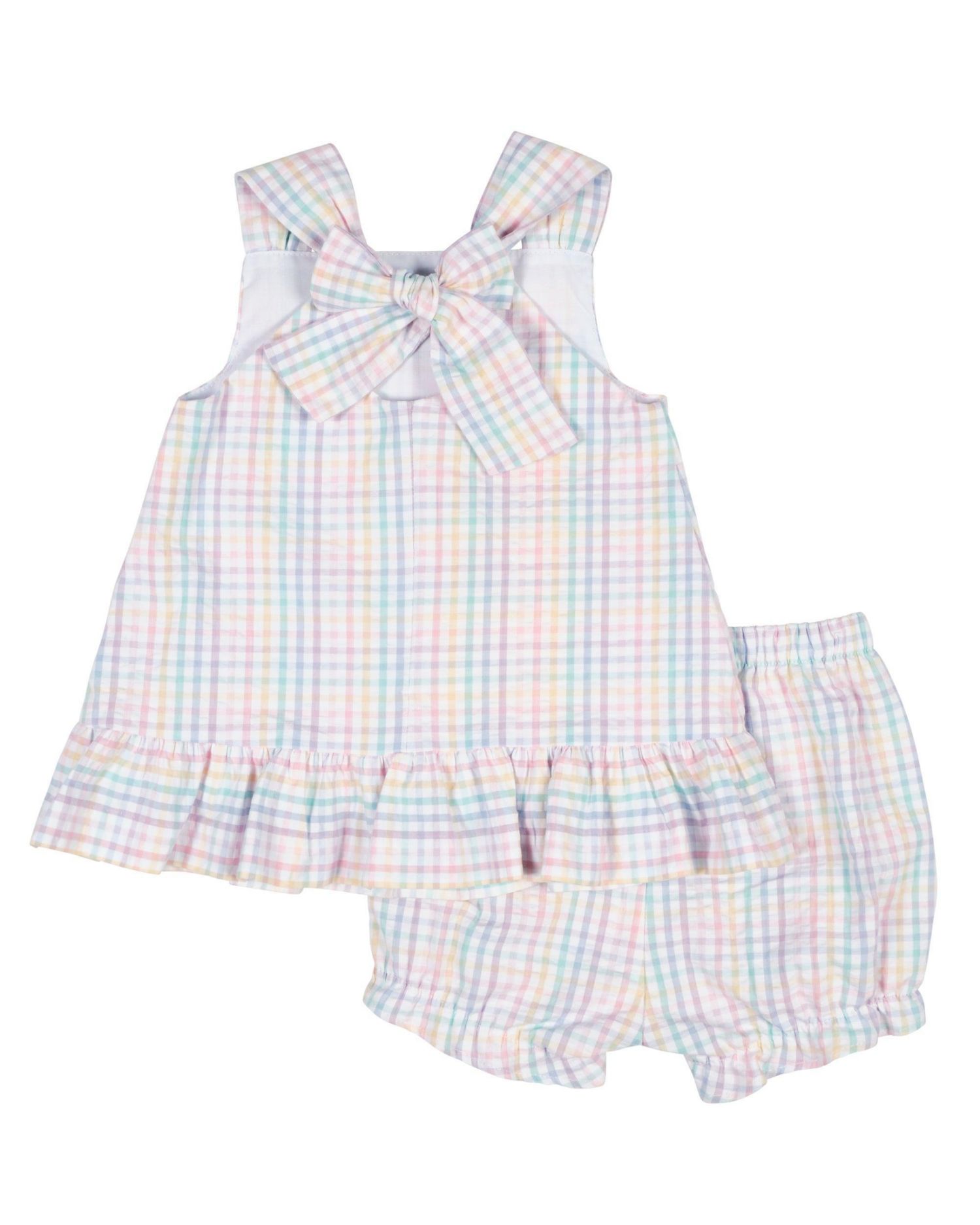Baby Girl Plaid Seersucker Dress And Bloomer With Flowers