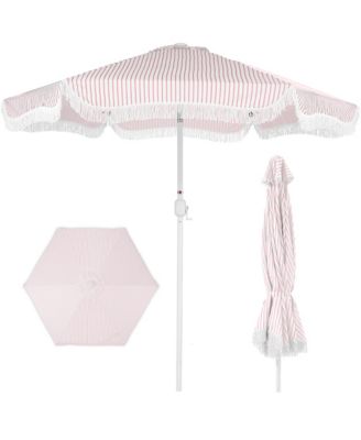 9ft Fringe Market Umbrella - Boho Patio Sunshade w/ Tilt, UPF50+, Steel Pole for Table, Pool, Deck