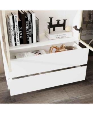 Display Cabinet with 2 Glass Doors and Lights, 4-Tier Storage Shelves and 2 Drawers