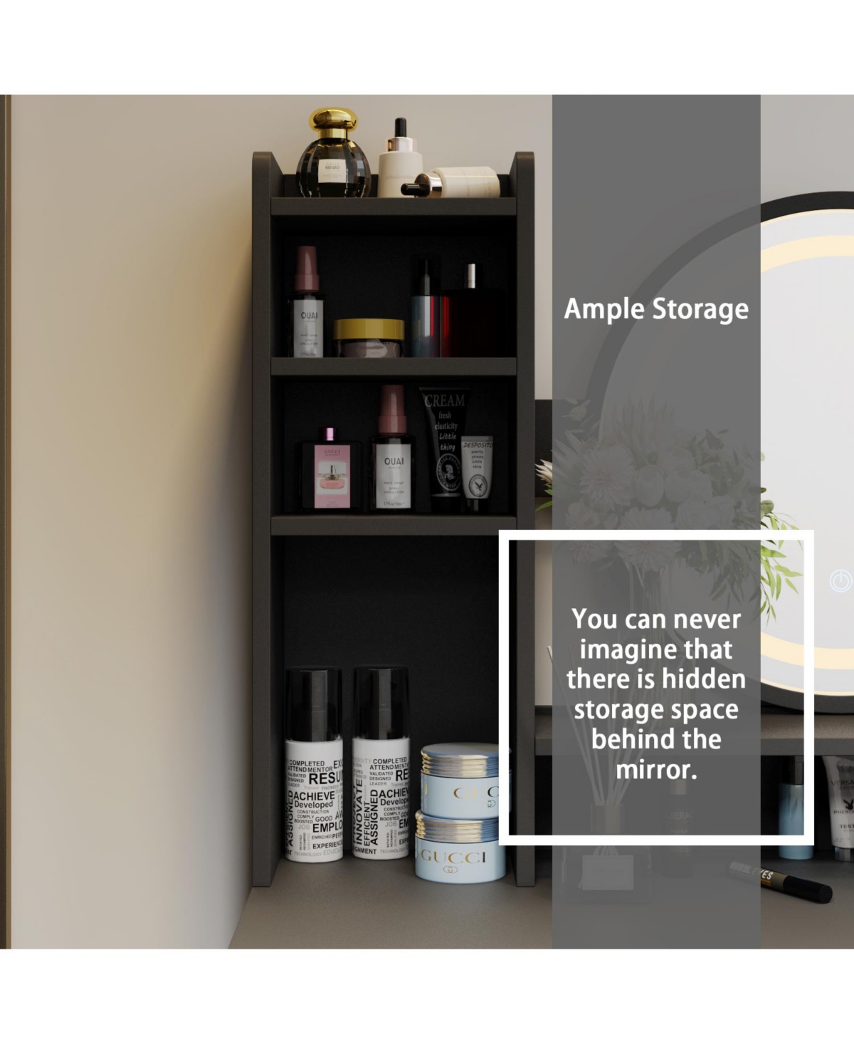 Famapy 5-Drawers White Wood Makeup Vanity Table Dresser Sets Dressing Desk with Led Mirror and Open Shelves