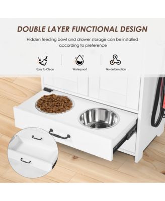 Dog Feeding Station Cabinet with Pull-Out Bowls, Double Doors, and Side Hooks, White