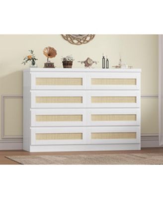 Rattan Dresser for Bedroom, Modern 8 Drawer Wooden Dresser Chest, Wide Wood Beside Table for Closet, Nursery, Living Room and Entryway
