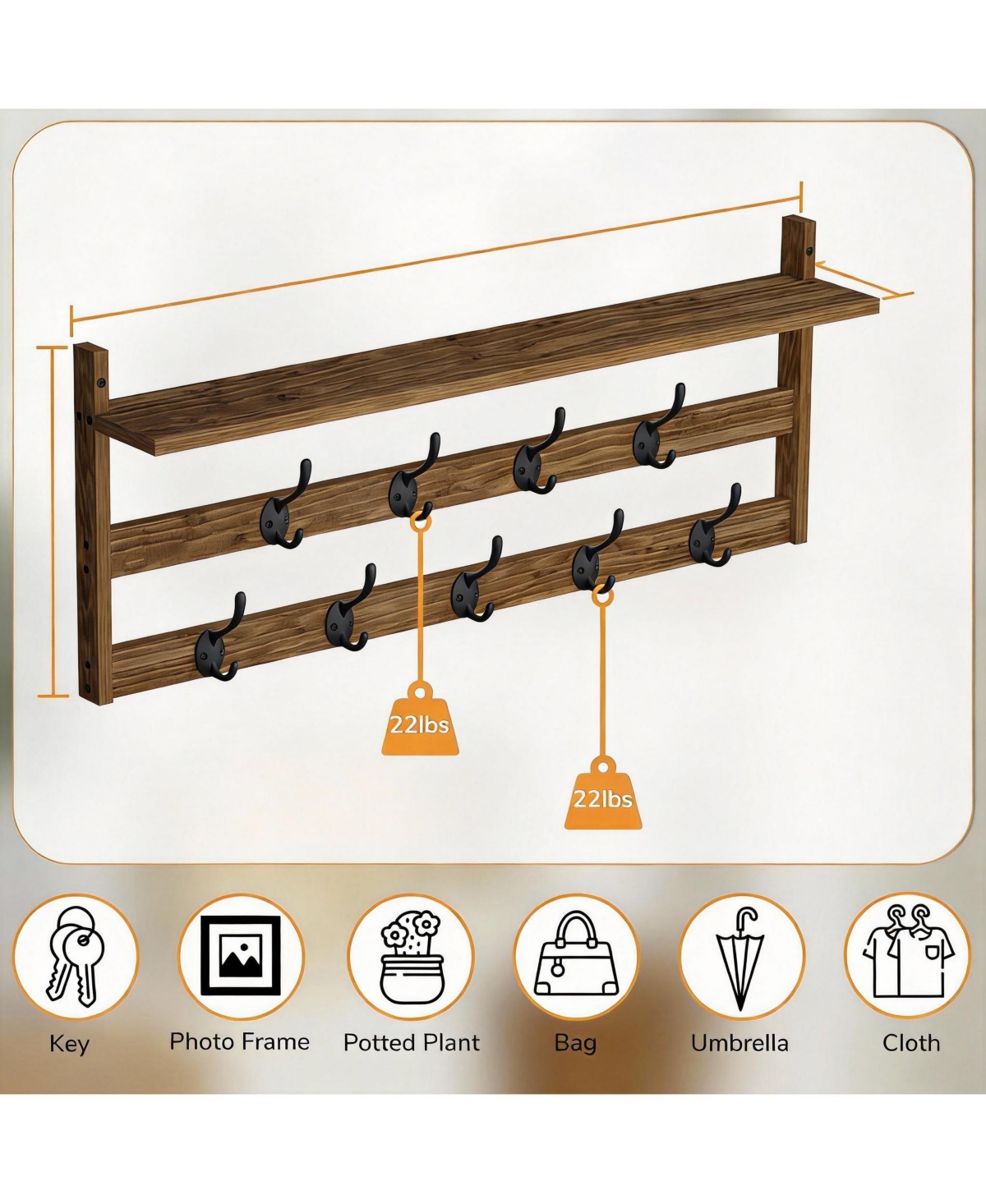 Yigii 2-Tier Wall Mount Coat Rack with Shelf for Entryway, Bathroom, Bedroom