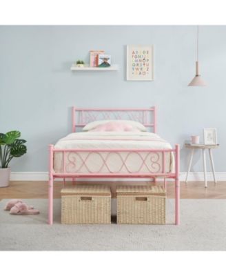 Twin XL Metal Bed Frame with Heart Design Headboard, Underbed Storage, No Box Spring Required