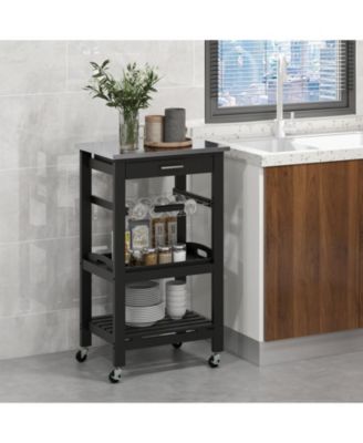 Kitchen Island Cart with Stainless Steel Top and Storage Basket, Rolling Trolley