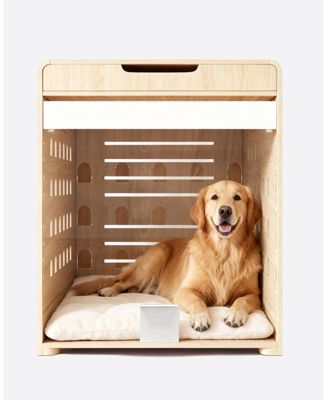 37-Inch Oak Dog Crate Furniture with Charging Station, Large Indoor Wood Kennel Side Table with Flip Up Acrylic Door