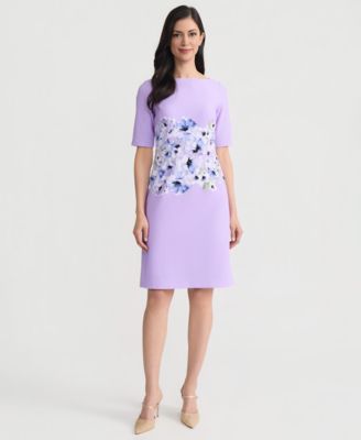 Women's Printed Scuba Crepe Elbow-Sleeve Sheath Dress